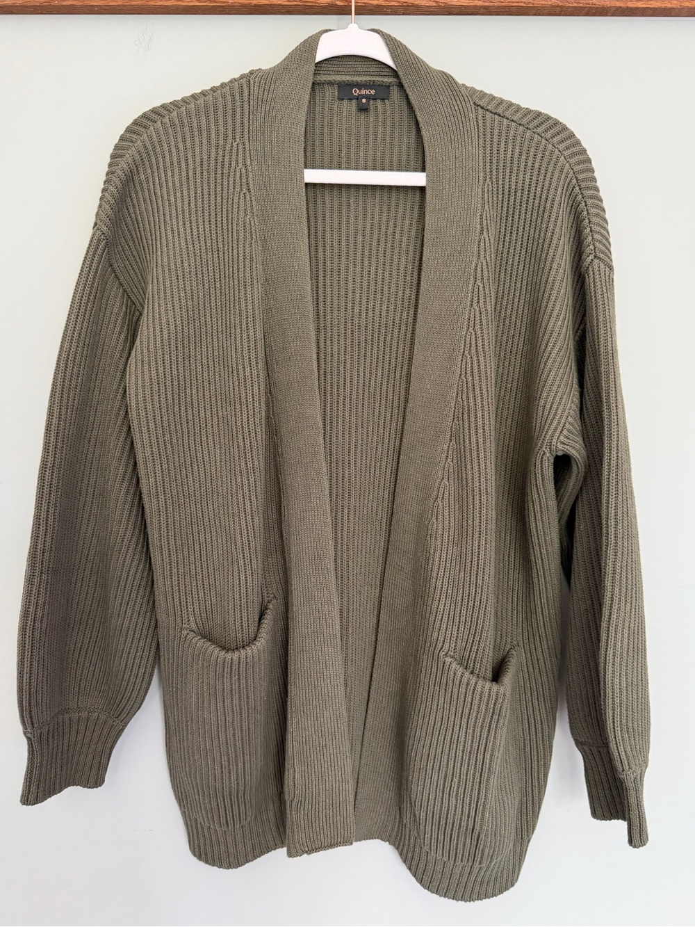 Quince 100% Organic Cotton Oversized Olive Green Ribbed Open Front Cardigan - Picture 3 of 16